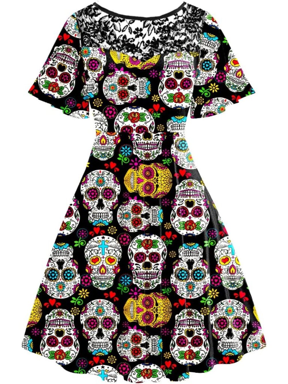 Women's Skull Black Halloween Dress Lace Flutter Sleeve A-Line Party Dresses